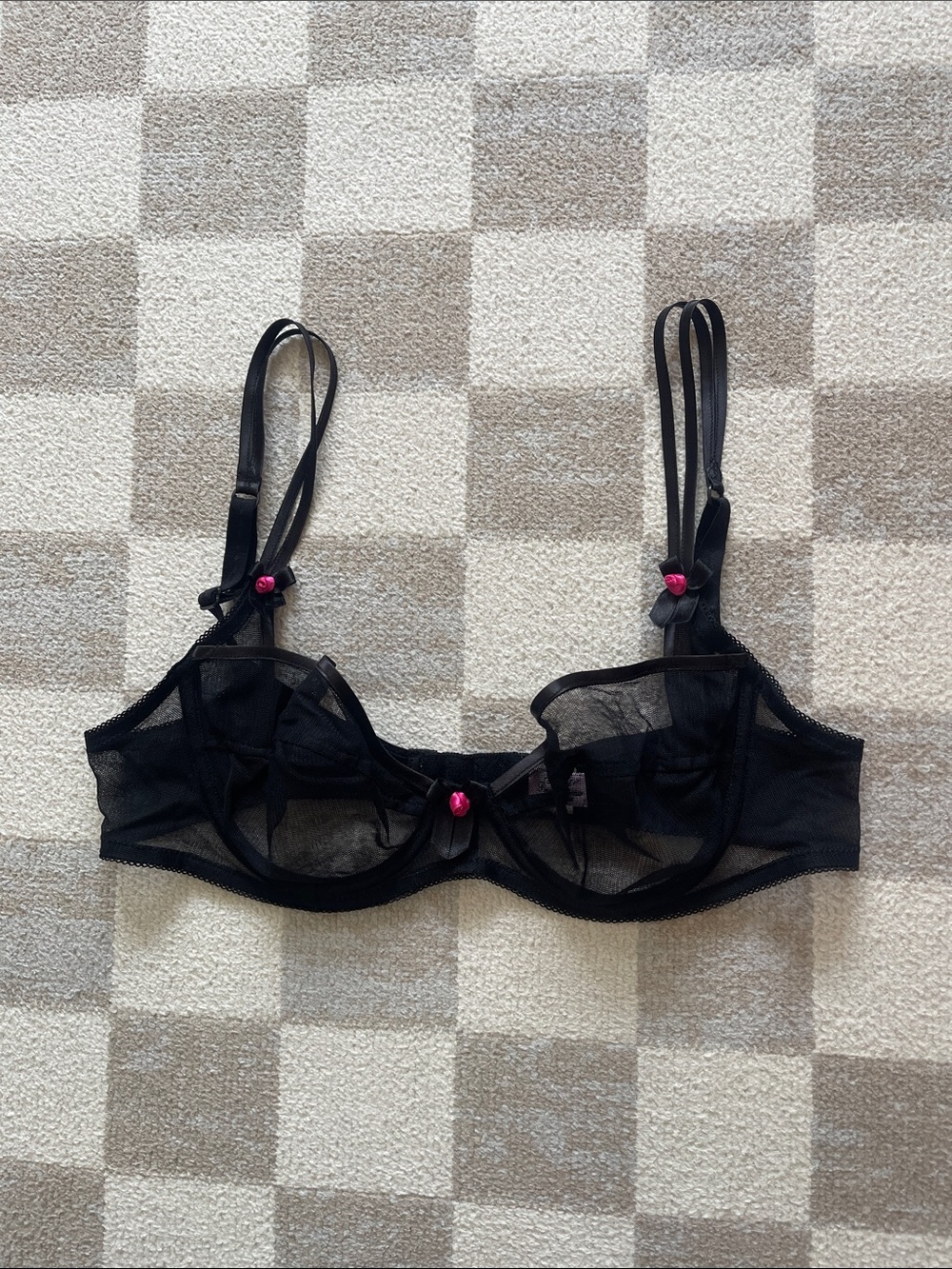 Agent Provocateur Black Sheer Underwire Bra with Pink Heart Accents